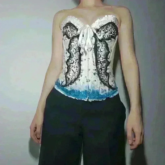 Butterfly on white romantic lace-up boned overbust sweetheart  corset bustier - Picture 2 of 11